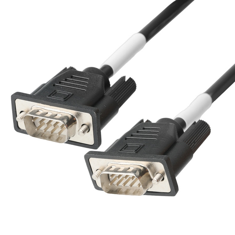 D-SUB-9Pin Mannelijke connector met soldeertype, witte rubberen kern en nikkelgeplatte schelp naar D-SUB-9Pin Vrouwelijke connector