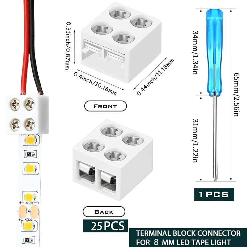 RY 8mm 25pcs Solderless LED Tape Light Connector 2 Pin Screw Down Terminal Block Connector Led Connectors for Strip Lights
